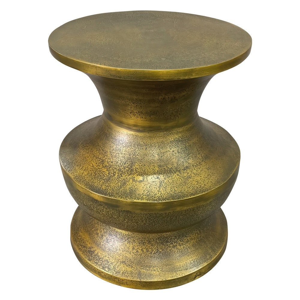 18 Inch Round Accent Side End Table, Turned Pedestal Base, Aluminum, Antique Gold Brass By The Urban Port