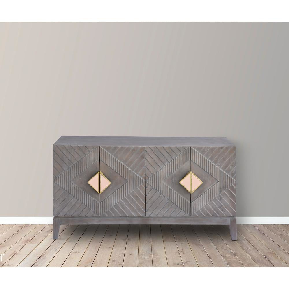 Abiel 55 Inch Mango Wood Sideboard Buffet Cabinet Console 4 Doors Inner Shelf Ornate Diamond Carving Gray By The Urban Port UPT-276807