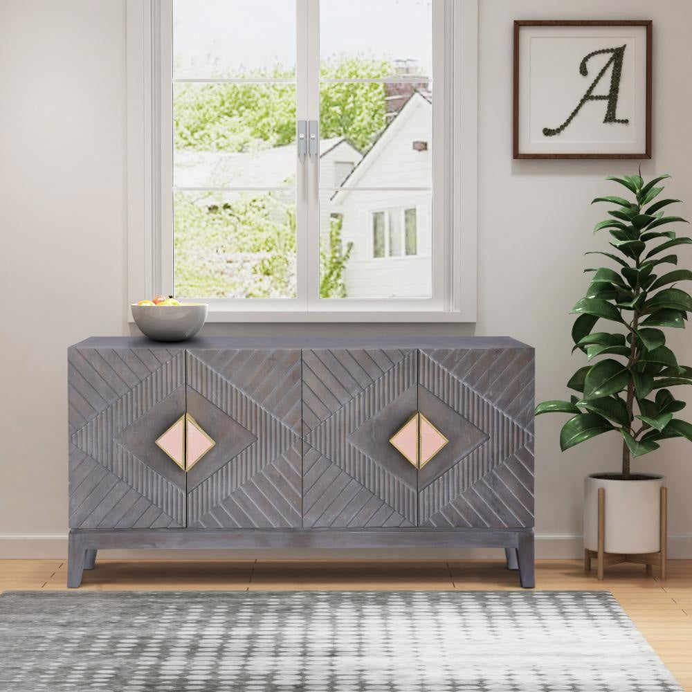 Abiel 55 Inch Mango Wood Sideboard Buffet Cabinet Console 4 Doors Inner Shelf Ornate Diamond Carving Gray By The Urban Port UPT-276807
