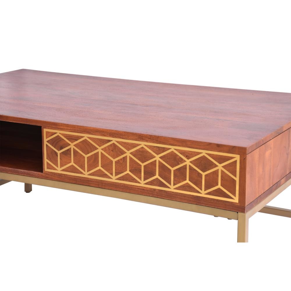 Kalyn 43 Inch Acacia Wood Coffee Table Geometric Design Print 1 Open Compartment Natural Brown Brass By The Urban Port UPT-276808