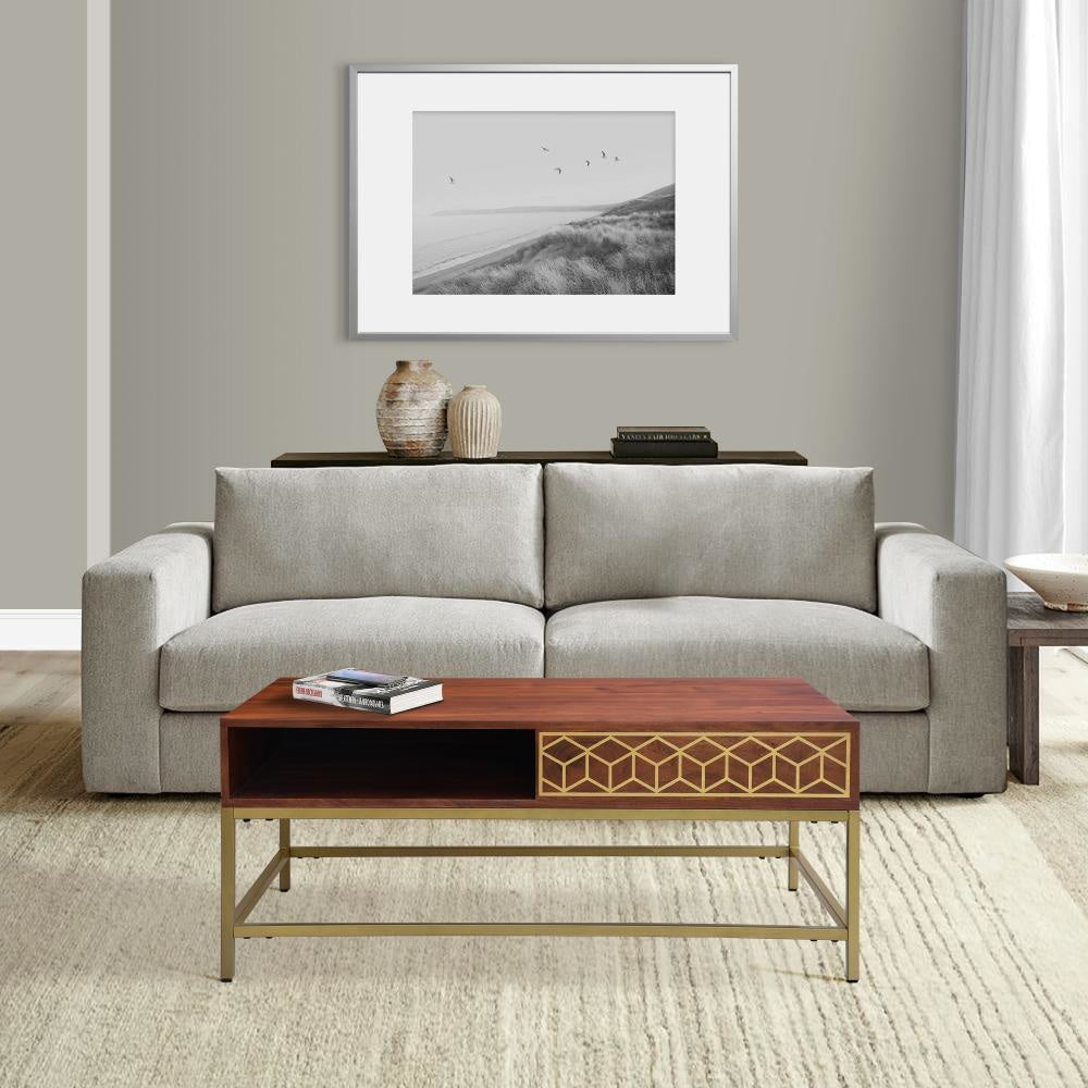 Kalyn 43 Inch Acacia Wood Coffee Table Geometric Design Print 1 Open Compartment Natural Brown Brass By The Urban Port UPT-276808