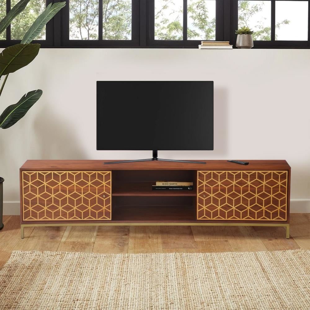 Kalyn 75 Inch Handcrafted TV Media Console Entertainment Center, 2 Doors, Center Shelf, Geometric Design Print, Brown Acacia Wood, Brass By The Urban Port