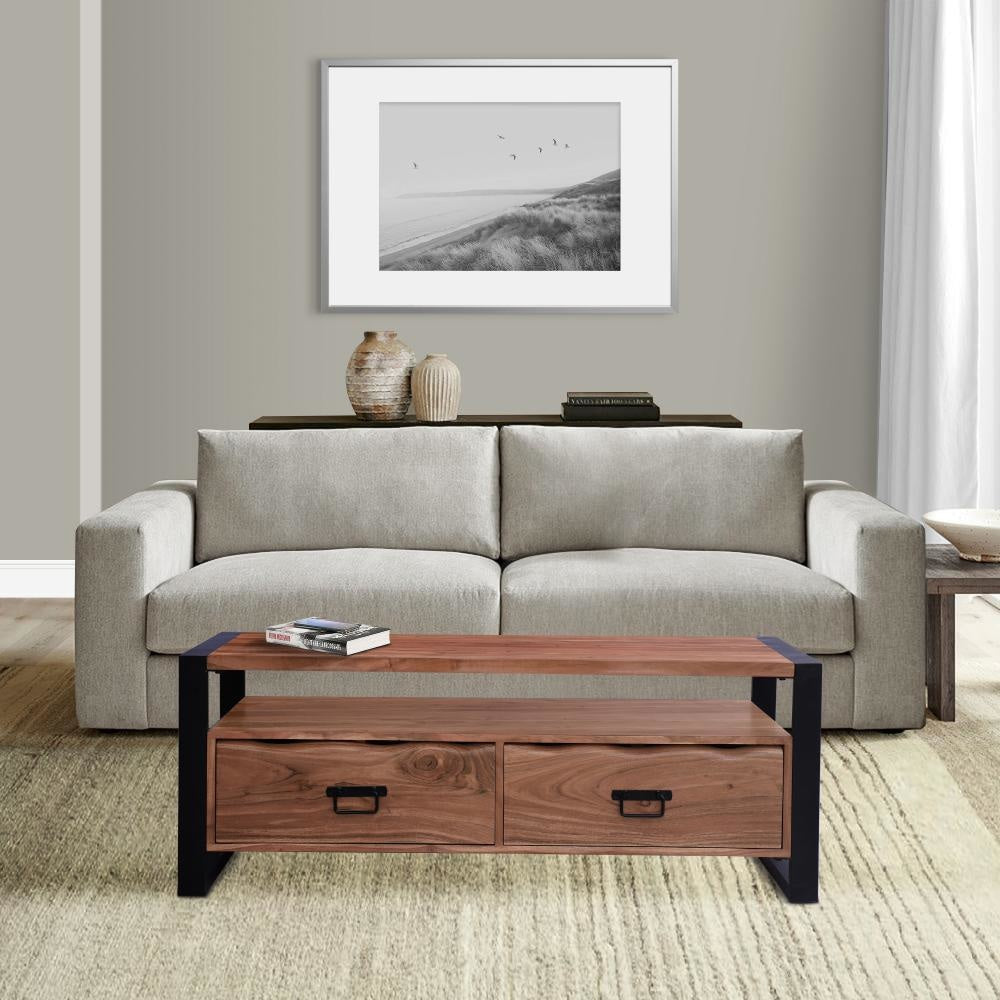 47 Inch Handcrafted Coffee Table with Live Edge Detailing 2 Drawers Open Center Compartment Black Iron Frame Brown Acacia Wood By The Urban