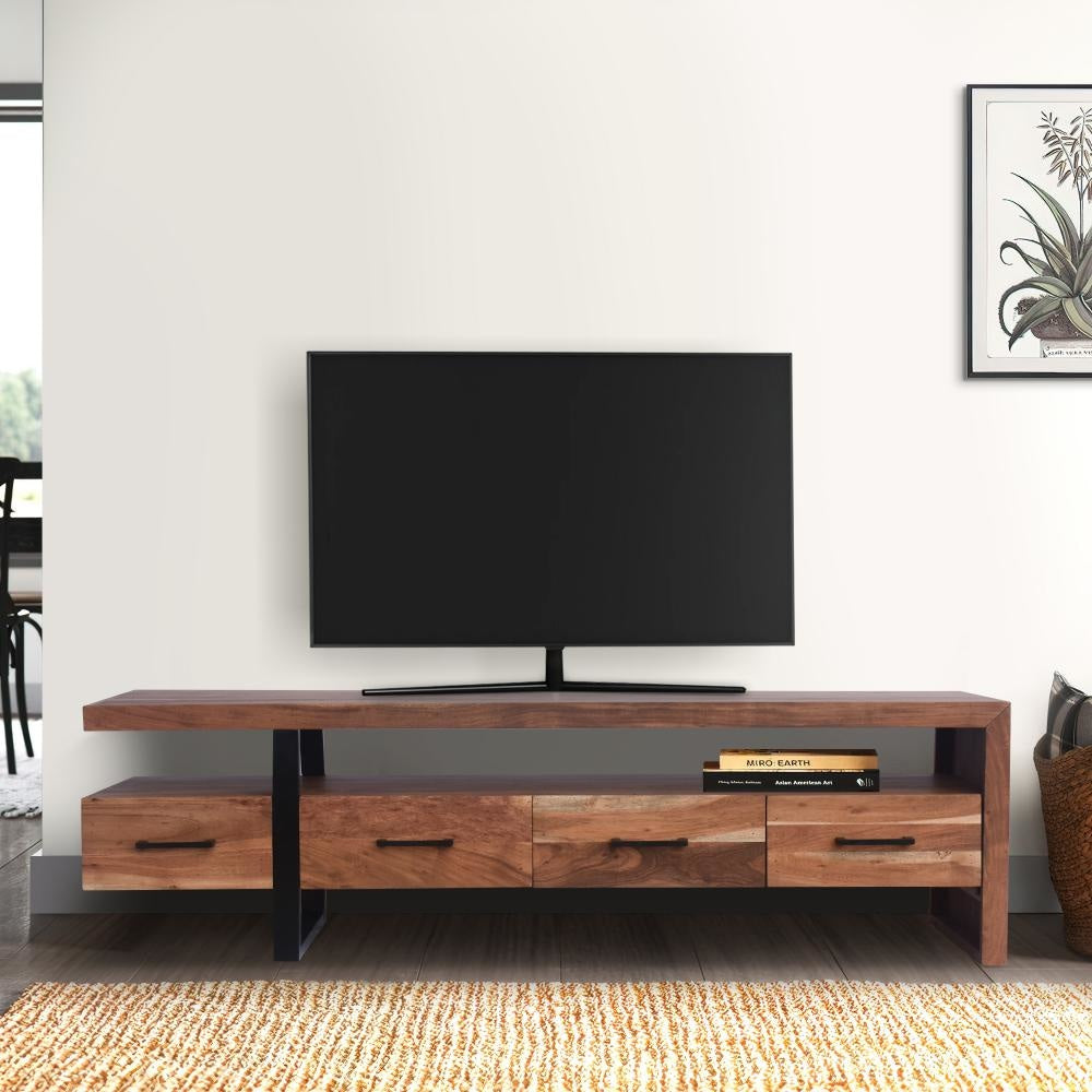 Fiona 70 Inch Farmhouse TV Media Entertainment Console, 4 Drawers, Acacia Wood, Metal Frame, Natural Brown, Black By The Urban Port