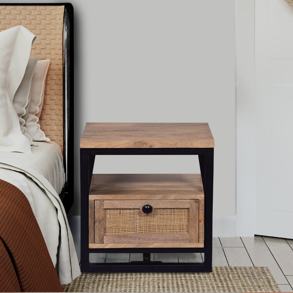 18 Inch Nightstand End Table 1 Drawer Open Storage Natural Brown Mango Wood with a Rectangular Black Iron Frame By The Urban Port UPT-277212