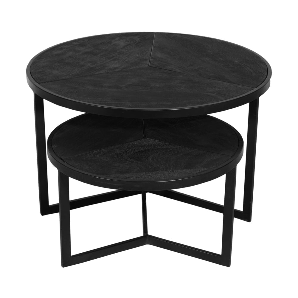 28 20 Inch Round Nesting Coffee Table Set Of 2 Handcrafted Mango Wood Charcoal Gray Top Black Iron Base By The Urban Port UPT-282966