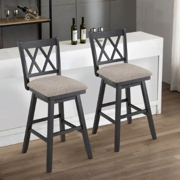 Jasmine 29 Inch Handcrafted Rustic 360 Degree Swivel Barstool Chair, Crossed Black Wood Frame, Gray Seat Cushion By The Urban Port