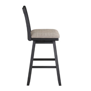 Jasmine 29 Inch Handcrafted Rustic 360 Degree Swivel Barstool Chair Crossed Black Wood Frame Gray Seat Cushion By The Urban Port UPT-295408