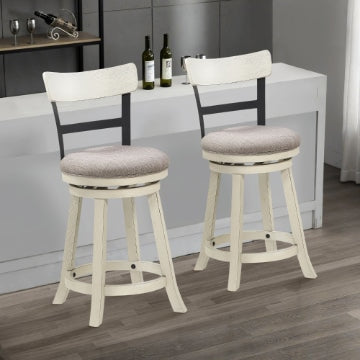24 Inch Handcrafted 360 Degree Swivel Counter Stool, Curved Open Back, White Wood Frame, Cream Cushioned Seat  By The Urban Port