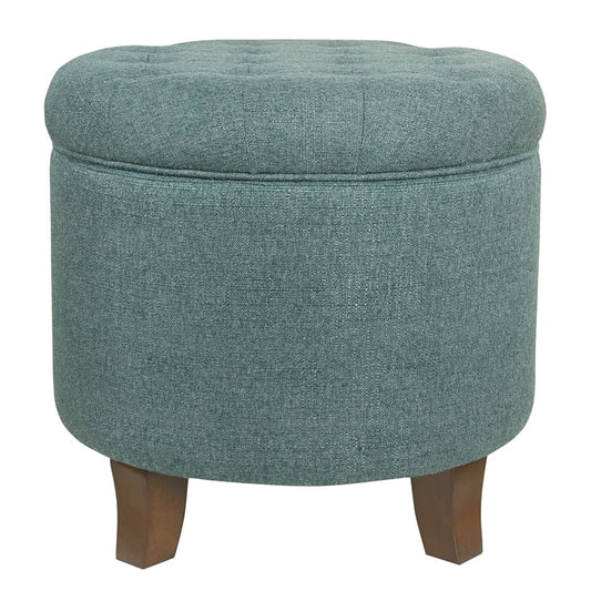 Button Tufted Fabric Upholstered Round Ottoman with Lift Top Storage, Teal Blue and Brown - K6171-F2248 By Casagear Home