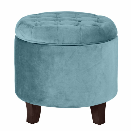 Button Tufted Velvet Upholstered Wooden Ottoman with Hidden Storage, Blue and Brown - K6171-B122 By Casagear Home