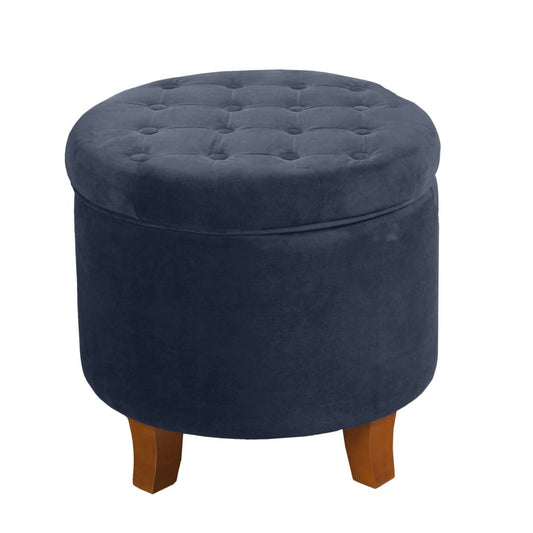 Button Tufted Velvet Upholstered Wooden Ottoman with Hidden Storage, Dark Blue and Brown - K6171-B215 By Casagear Home
