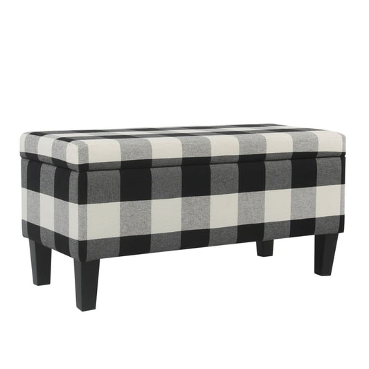 Storage Bench | Checkered Pattern Fabric | Tapered Legs | Black White | Large