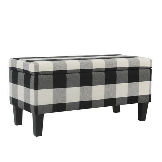Checkered Pattern Fabric Upholstered Storage Bench With Tapered Wood Legs, Large, Black and White - K6384NP-F2262 By Casagear Home