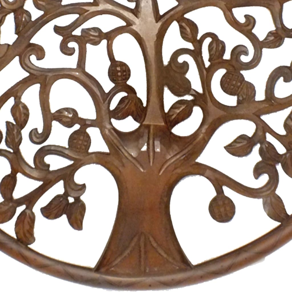 Circular Mango Wood Wall Panel with Cutout Tree and Bird Carvings Antique Brown UPT-195272