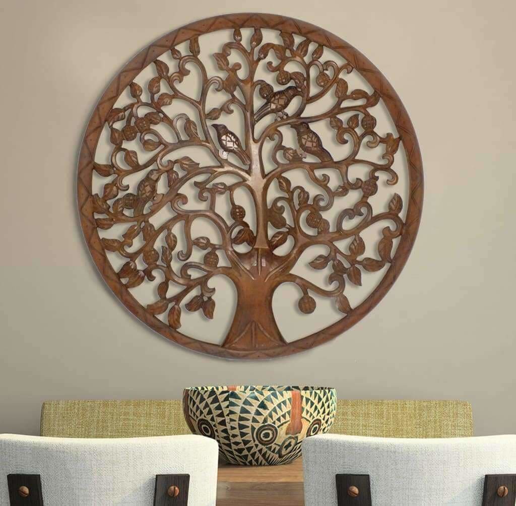 36 Inch Round Wooden Wall Art Decor, Tree of Life Art, Carved Cutout design, Sitting Birds, Walnut By The Urban Port