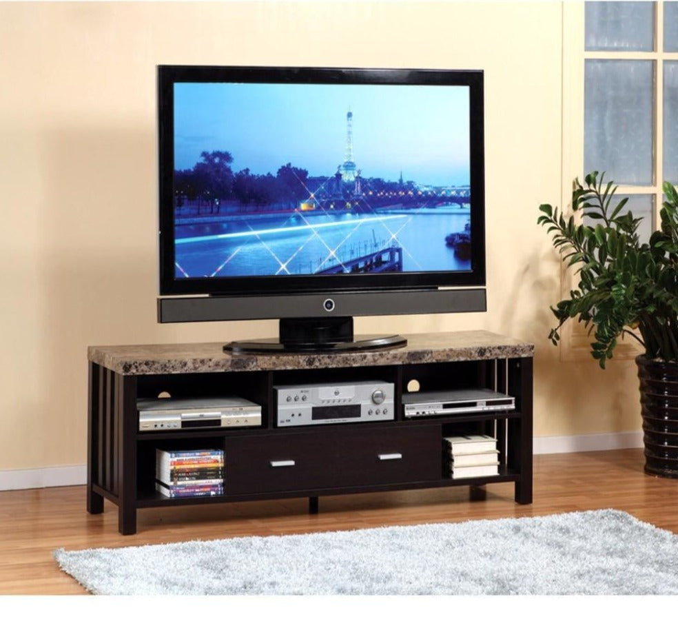 Deluxe Faux Marble Top TV Stand With 5 Open Shelves.