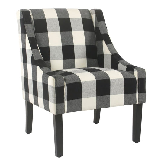 Fabric Upholstered Wooden Accent Chair with Buffalo Plaid Pattern, Black and White - K6908-F2262 By Casagear Home