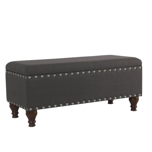 Storage Bench | Fabric Upholstered | Nailhead Trim | Dark Gray Brown | Large