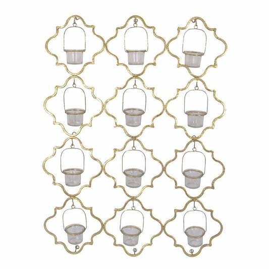 30 Inch Metal Wall Mount Candleholder, Glass, Quatrefoil Design, Gold By Casagear Home