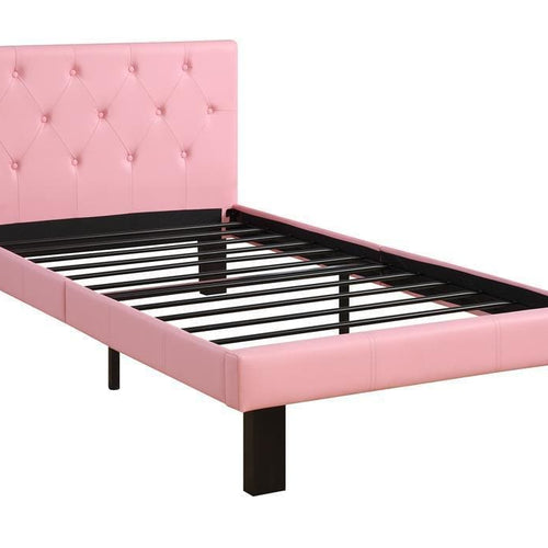 Twin Bed | Faux Leather Upholstery | Tufted Headboard | Pink