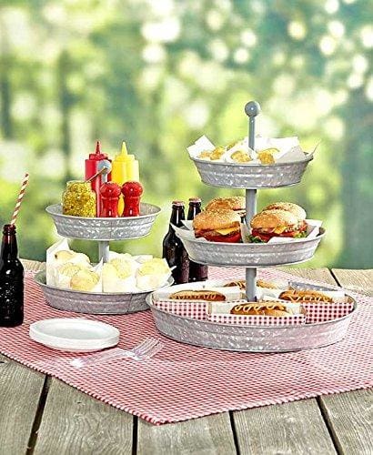 Galvanized Metal 3 Tiered Round Serving Tray Gray I305-HGM006