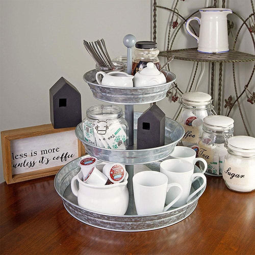 Serving Tray | 3 Tiered | Galvanized Metal | Round Design | Gray