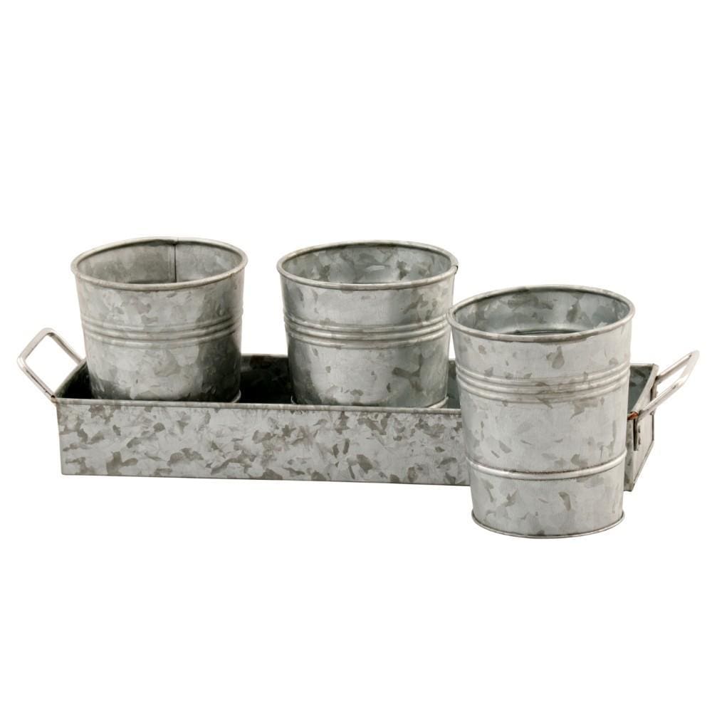 Galvanized Set of Three Planters With Tray Gray I305-HGM007