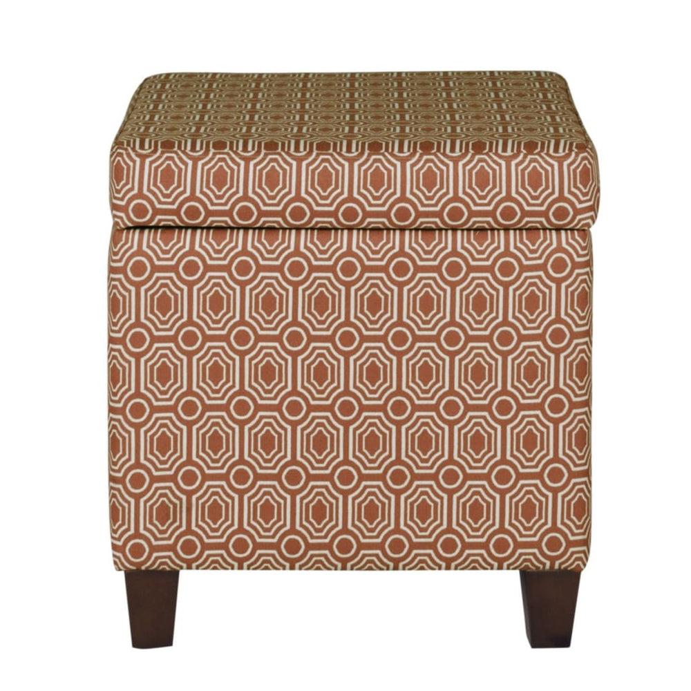 Geometric Patterned Square Wooden Ottoman with Lift Off Lid Storage, Orange and Cream - K7380-F1447 By Casagear Home