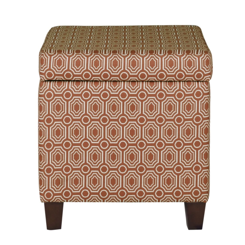 Geometric Patterned Square Wooden Ottoman with Lift Off Lid Storage, Orange and Cream - K7380-F1447 By Casagear Home