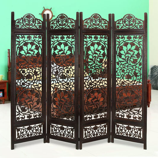 Handcrafted Wooden 4 Panel Room Divider Screen Featuring Lotus Pattern-Reversible-Brown