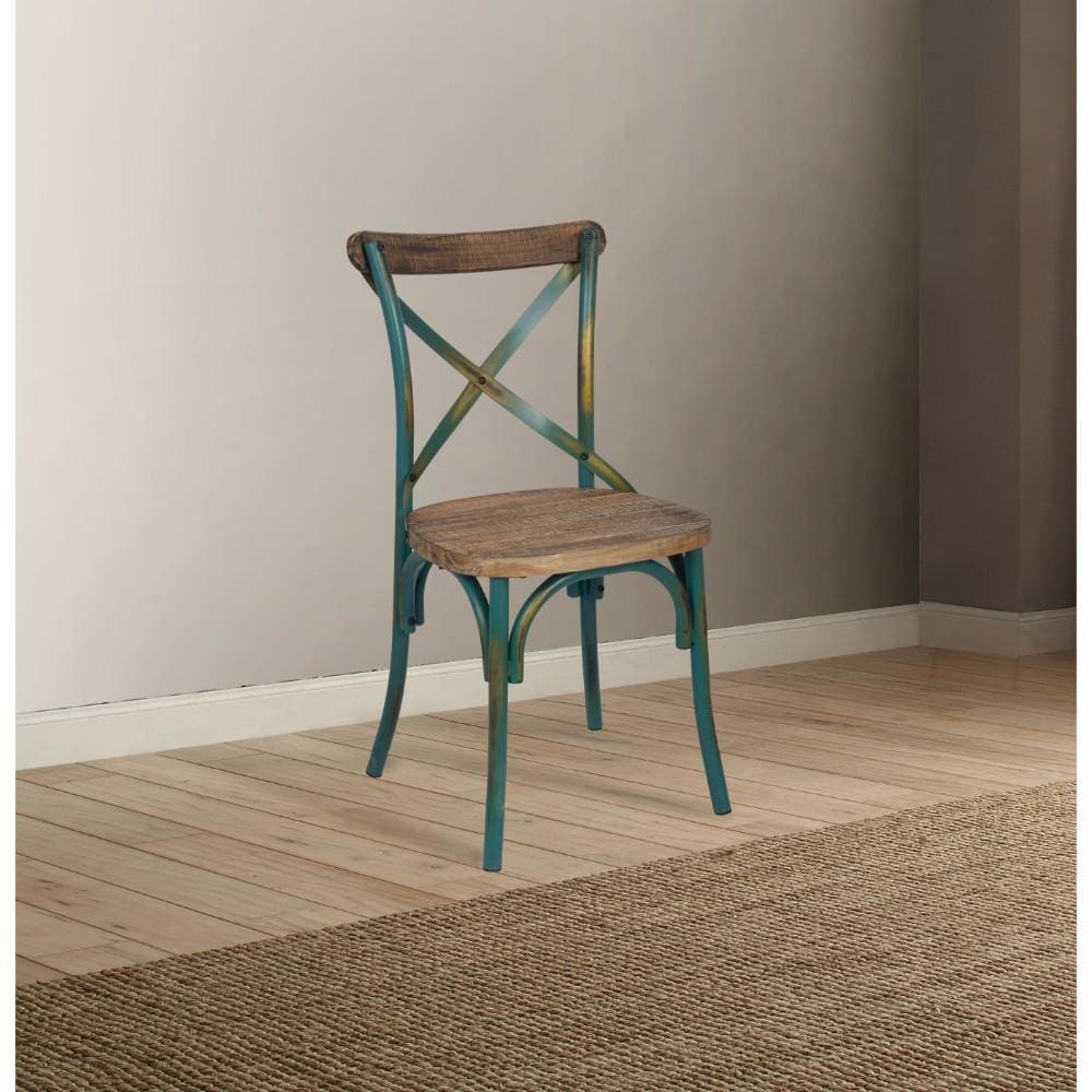 35" Wood and Metal Side Chair, Brown and Turquoise - ACME