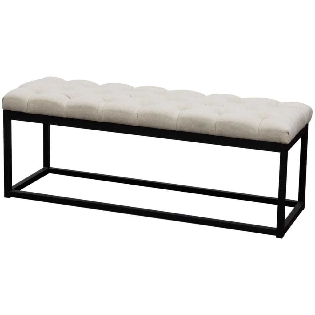 Linen Upholstered Metal Contemporary Bench with Diamond Tuft Details, Beige and Black - BM190997