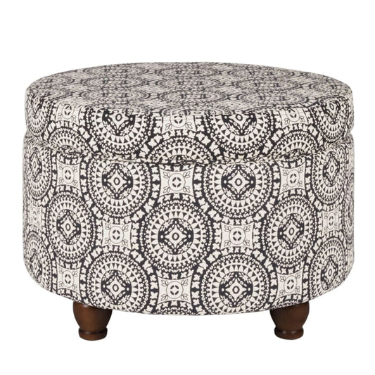 Medallion Pattern Fabric Upholstered Ottoman with Wooden Bun Feet, Cream and Black - K6427-F1604 By Casagear Home