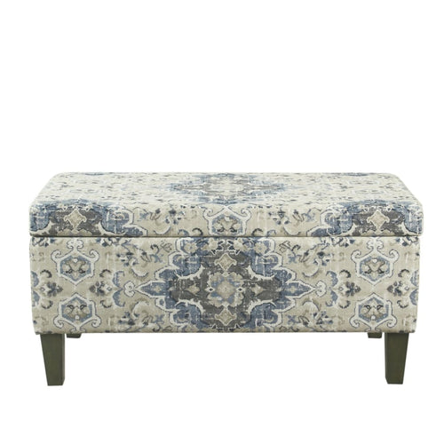 Storage Bench | Medallion Print Fabric | Hinged Top | Blue Cream | Large