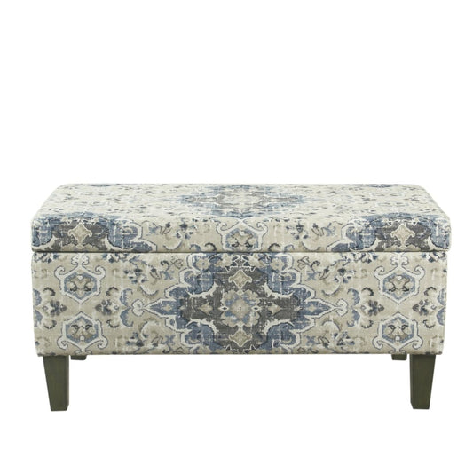Storage Bench | Medallion Print Fabric | Hinged Top | Blue Cream | Large