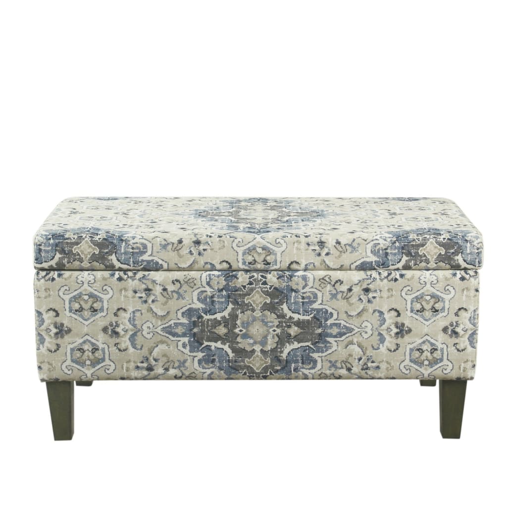 Medallion Print Fabric Upholstered Wooden Bench With Hinged Storage, Large, Blue and Cream - K6384NP-A861 By Casagear Home