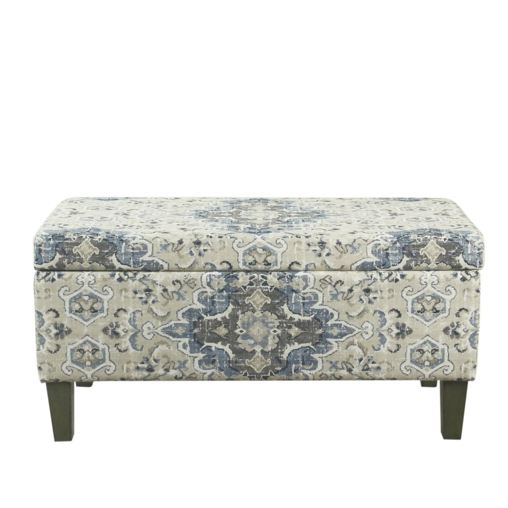 Storage Bench | Medallion Print Fabric | Hinged Top | Blue Cream | Large