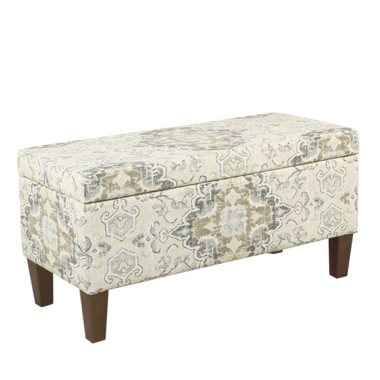 Medallion Print Fabric Upholstered Wooden Bench With Hinged Storage, Large, Brown and Cream - K6384NP-A862 By Casagear Home