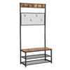 Metal Coat Rack with Wooden Bench, Two Mesh Shelves and Grid Panel, Brown and Black - BM195874 By Casagear Home