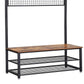 Metal Coat Rack with Wooden Bench Two Mesh Shelves and Grid Panel Brown and Black - BM195874 BM195874