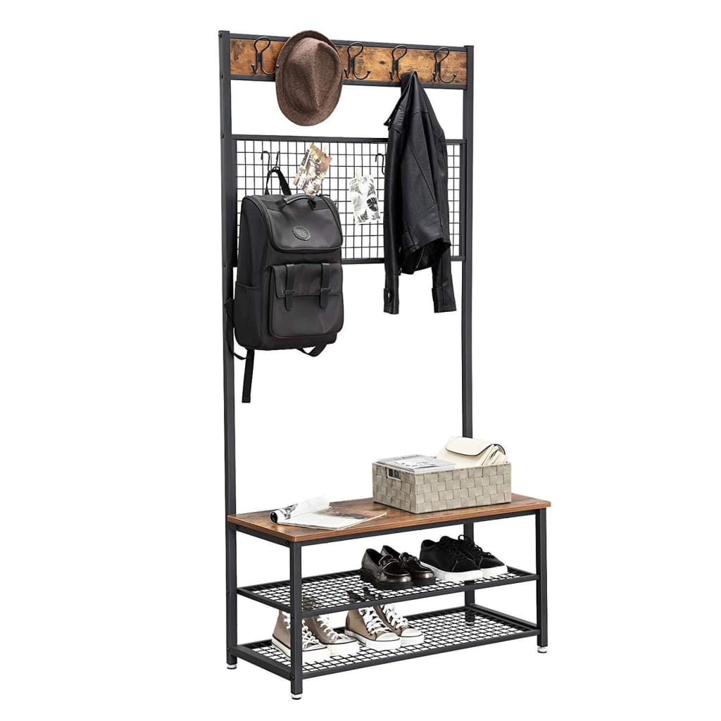 Metal Coat Rack with Wooden Bench Two Mesh Shelves and Grid Panel Brown and Black - BM195874 BM195874