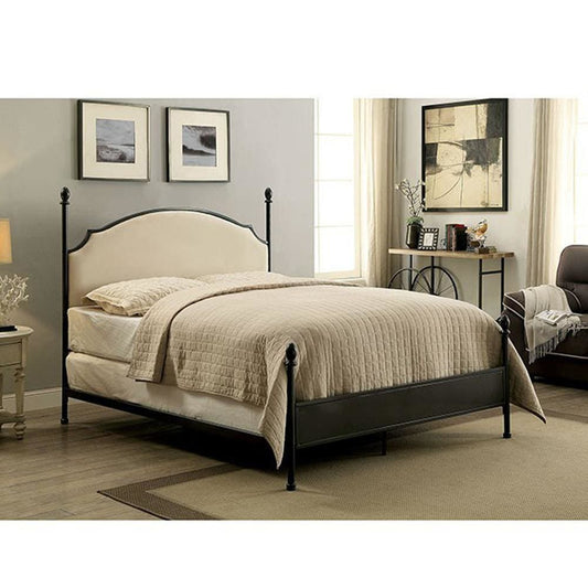 Metal Eastern King Bed with Padded Fabric, Black By Casagear Home