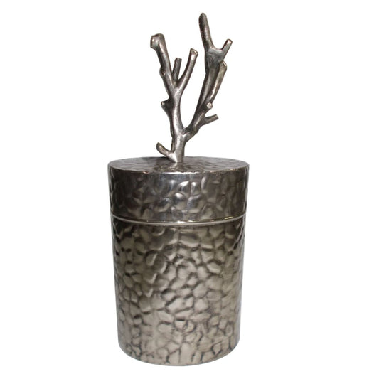 21 Inch Lidded Metal Jar, Textured Body, Branched Finial, Silver By Casagear Home