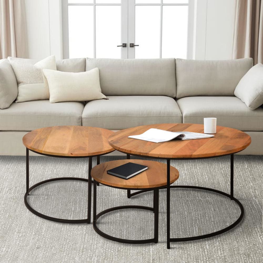 Round Wooden Nesting Coffee Table with Metal Frame, Set of 3, Brown and Black By The Urban Port