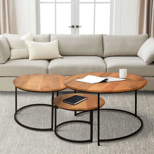 Round Wooden Nesting Coffee Table with Metal Frame, Set of 3, Brown and Black By The Urban Port