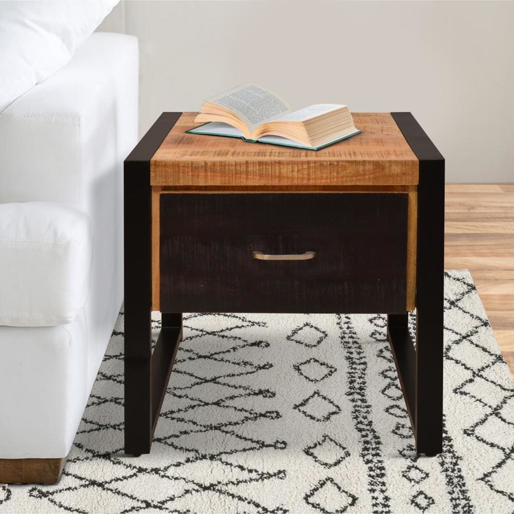 24 Inch Single Drawer Wooden Side Table with Metal Frame, Brown and Black By The Urban Port