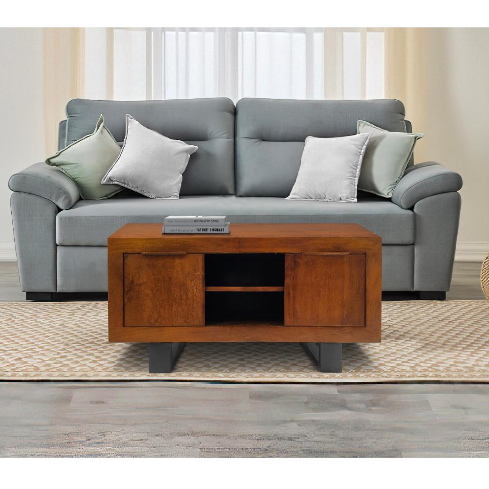 36 Inch Wooden Industrial Coffee Table with Open Compartments and Sled Base, Brown By The Urban Port