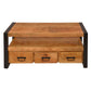 3 Drawer Wooden Farmhouse Coffee Table with Open Shelf and Metal Frame Brown and Black By The Urban Port UPT-242959