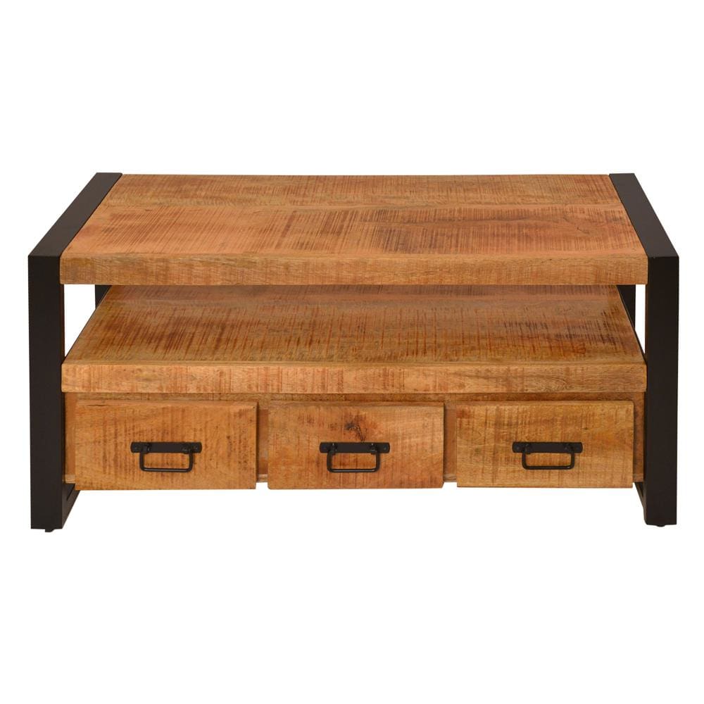 3 Drawer Wooden Farmhouse Coffee Table with Open Shelf and Metal Frame Brown and Black By The Urban Port UPT-242959